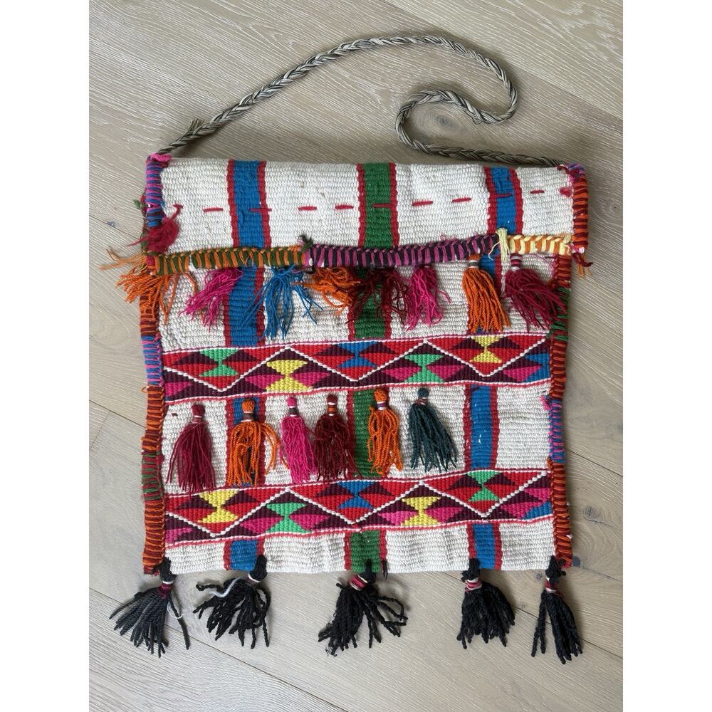 Vtg Wool Carpet Rug Tapestry Tassel Textile Salt Bag Wall Hanging Boho Fringe